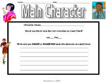 Reading Comprehension-Main Character Worksheet